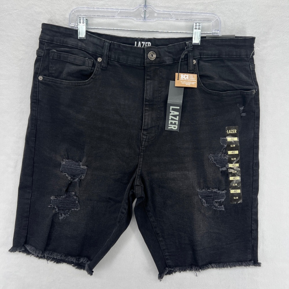 LAZER Men Slim Fit Black Denim Shorts Ripped‎ Distressed Raw Hem Size 40
